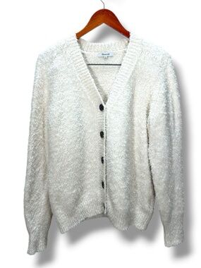 Madewell Italian Yarn Eyelash Cozy V Neck Ivory Button Up Cardigan NT612 Size M